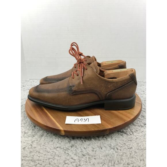 Ecco Brown Leather Burnished Apron Toe Derby Casual Lifestyle Oxford Mens 41 - Picture 1 of 13